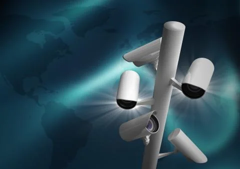 Composite Image of a Security cameras against a blue map background Stock Illustration
