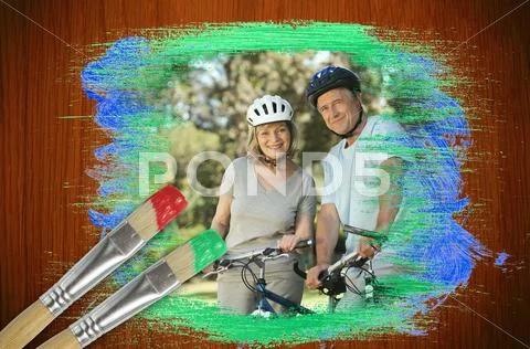 Composite image of senior couple on bikes in the park Stock Illustration
