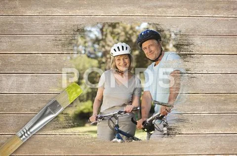 Composite image of senior couple on bikes in the park Stock Illustration