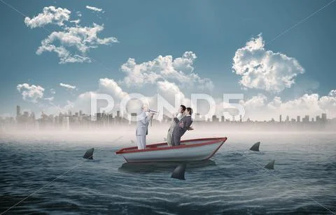 Composite image of senior salesman with megaphone yelling at his employees in a Stock Illustration