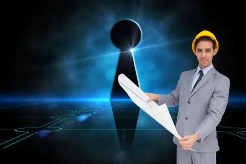 Composite image of serious architect with hard hat holding plans Illustrazione stock