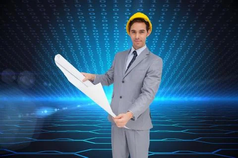Composite image of serious architect with hard hat holding plans Illustrazione stock