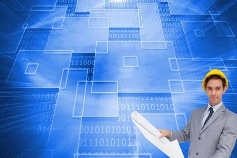 Composite image of serious architect with hard hat holding plans Illustrazione stock
