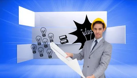 Composite image of serious architect with hard hat holding plans Illustrazione stock