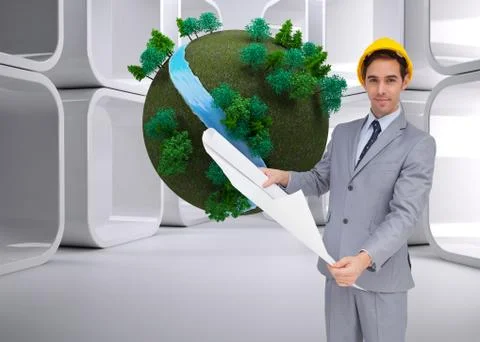 Composite image of serious architect with hard hat holding plans Illustrazione stock