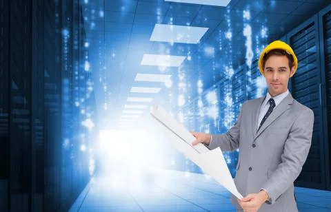 Composite image of serious architect with hard hat holding plans Stock Illustration