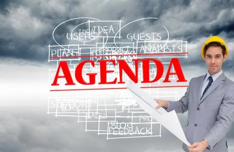 Composite image of serious architect with hard hat holding plans Illustrazione stock