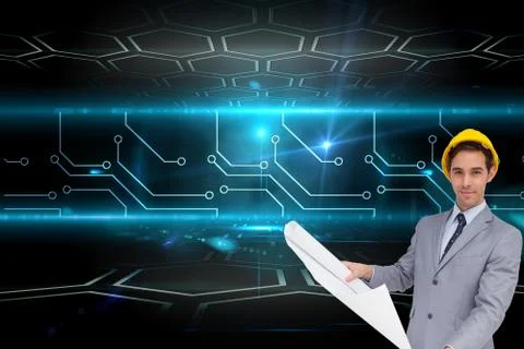 Composite image of serious architect with hard hat holding plans Illustrazione stock