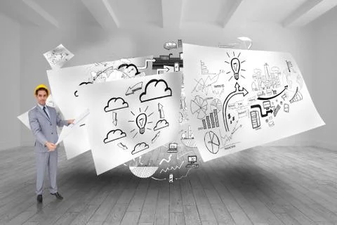 Composite image of serious architect with hard hat holding plans 스톡 일러스트