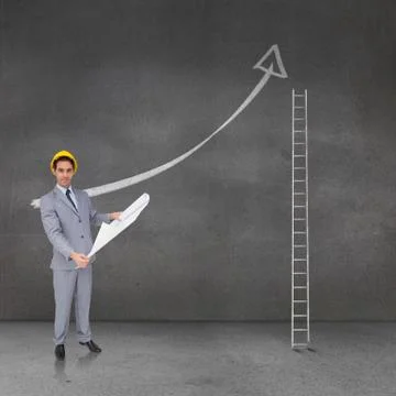 Composite image of serious architect with hard hat holding plans Illustrazione stock