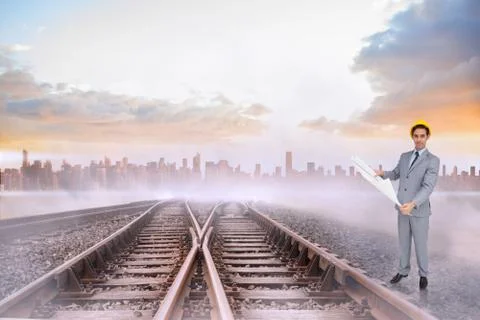 Composite image of serious architect with hard hat holding plans Illustrazione stock