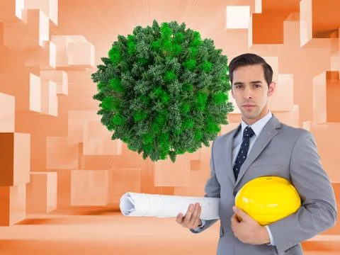 Composite image of serious architect holding plans and hard hat Illustrazione stock