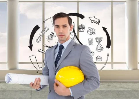 Composite image of serious architect holding plans and hard hat Illustrazione stock