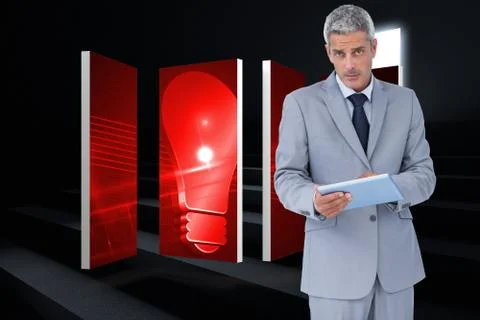Composite image of serious businessman using tablet pc looking at camera Stock Illustration