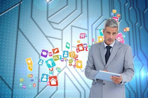 Composite image of serious businessman using tablet pc looking at camera Stock Illustration