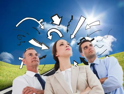 Composite image of serious work team posing together looking away Illustrazione stock