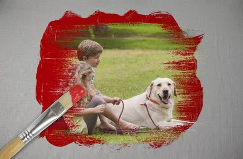 Composite image of siblings and their dog Stock Illustration