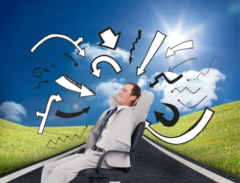 Composite image of side view of businessman leaning back in his chair Illustrazione stock