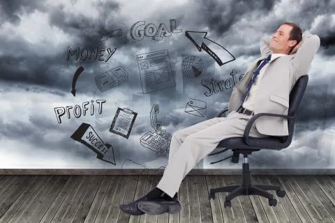 Composite image of side view of businessman leaning back in his chair Illustrazione stock