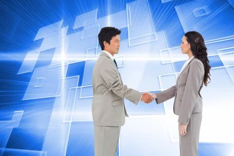 Composite image of side view of hand shaking trading partners Stock Illustration