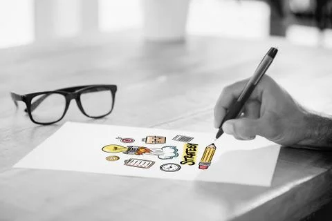 Composite image of side view of hand writing on white page on working desk Stock Illustration