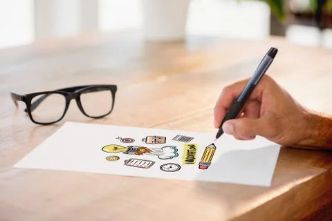 Composite image of side view of hand writing on white page on working desk Stock Illustration