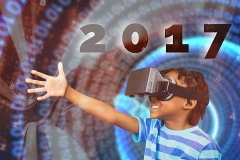 Composite image of side view of little boy holding virtual glasses on a white Stockfoto's