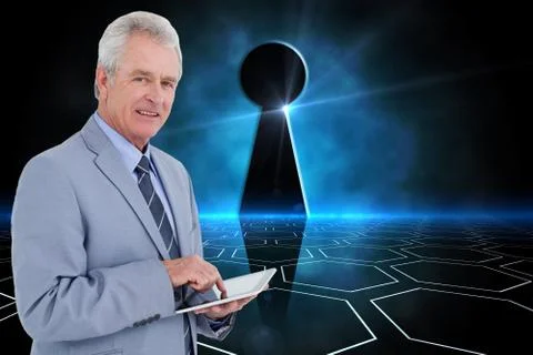 Composite image of side view of mature tradesman with tablet computer Illustrazione stock