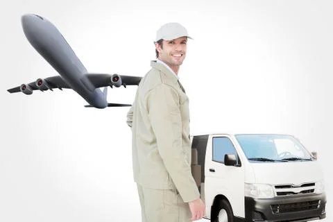 Composite image of side view portrait of happy delivery man Stockillustratie