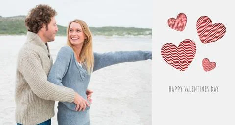 Composite image of side view of a relaxed romantic couple at beach イラスト素材