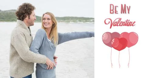 Composite image of side view of a relaxed romantic couple at beach イラスト素材