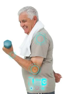 Composite image of side view of a senior man exercising with dumbbell Stockillustratie