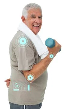 Composite image of side view of a senior man exercising with dumbbell Stockillustratie