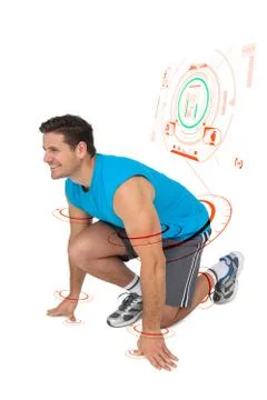Composite image of side view of a sporty smiling man in running stance Stockillustratie