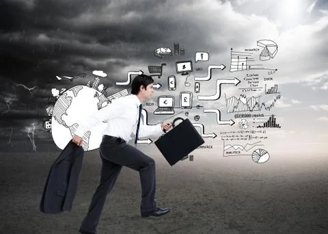 Composite image of side view of walking tradesman with jacket and suitcase Stockillustratie