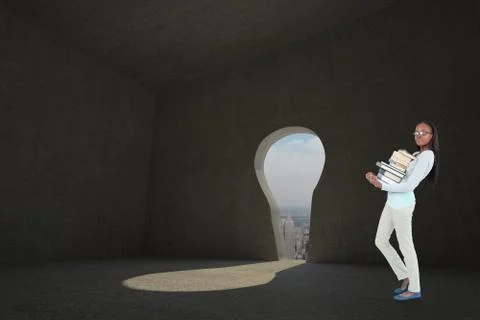 Composite image of side view of young woman carrying a pile of books Ilustración de archivo