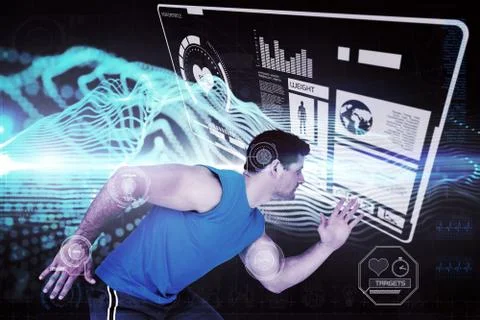 Composite image of side view of a young sporty man running Stockillustratie