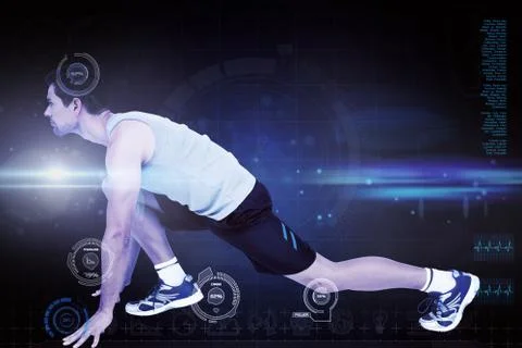 Composite image of side view of a young man in ready to run posture Stockillustratie