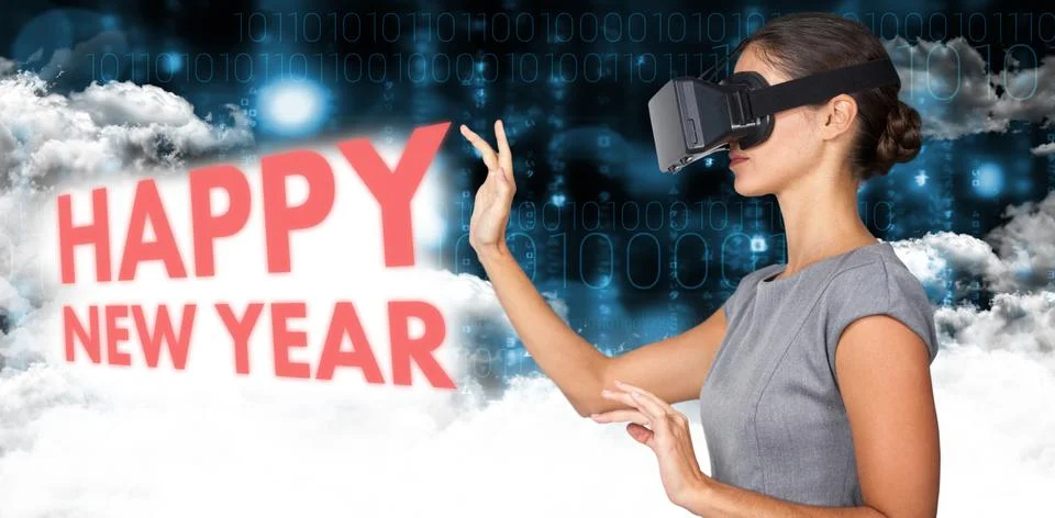 Composite image of side view of young woman gesturing while using virtual video Stock Photos