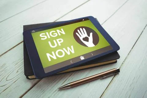 Composite image of sign up now text with icons on green screen 스톡 사진