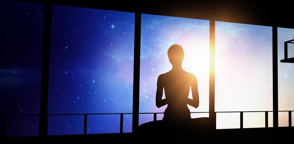Composite image of silhouette athlete practicing yoga Foto stock