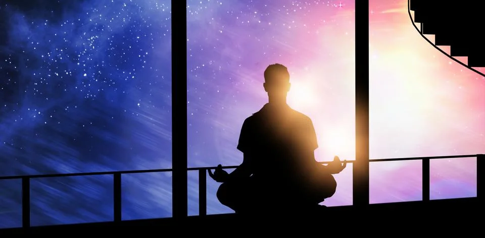 Composite image of silhouette man doing meditation Stock Photos
