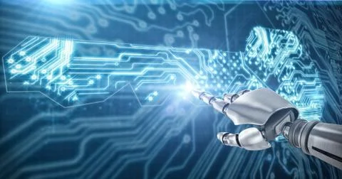 Composite image of silver robot 3D arm pointing at something Stock-Illustration