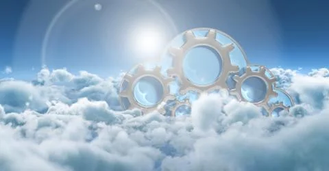 Composite image with sky and clouds and digital gears Stock Photos