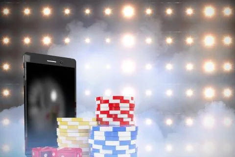 Composite image of smartphone with stack of gambling chips and playing cards Illustrazione stock