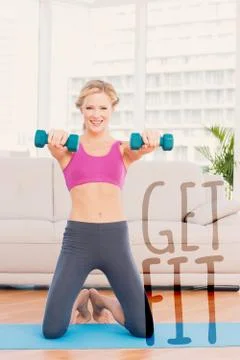 Composite image of smiling blonde lifting dumbbells on exercise mat 스톡 일러스트