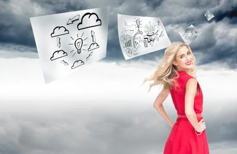 Composite image of smiling blonde turning 스톡 일러스트