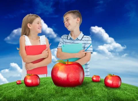 Composite image of smiling brother and sister holding their exercise books Illustrazione stock