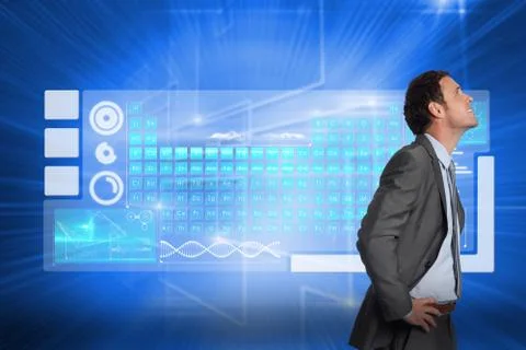 Composite image of smiling businessman with hands on hips Stock Illustration