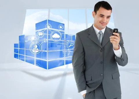 Composite image of smiling businessman looking at his cellphone Stock Illustration